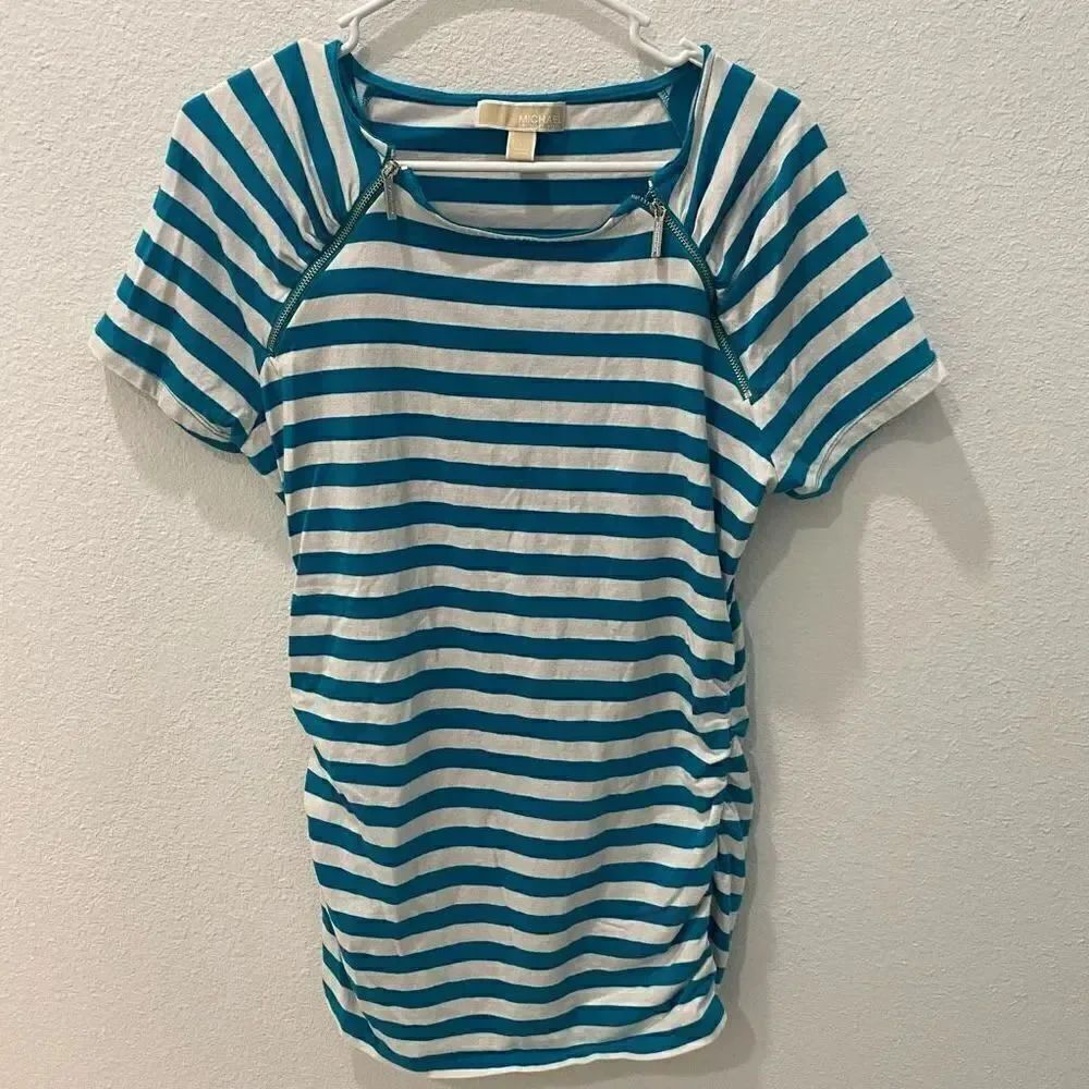 Michael Kors Blue and White Ruched Top Size Large
